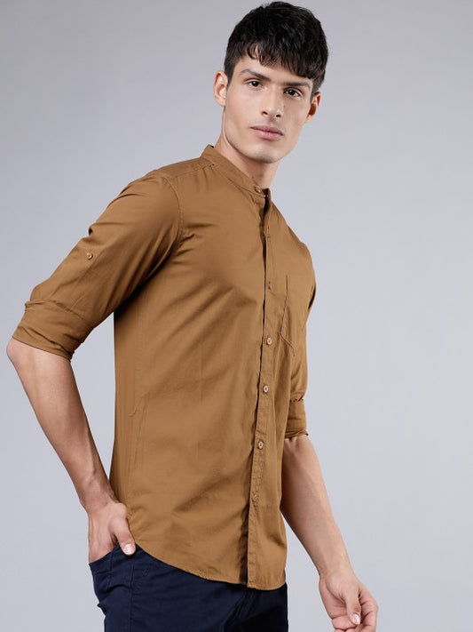 HIGHLANDER Men Khaki Brown Slim Fit Solid Casual Shirt