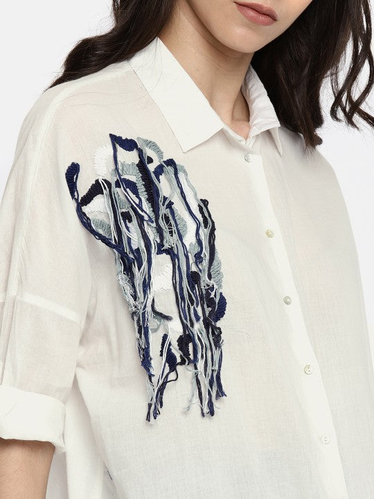 Vero Moda Women White Regular Fit Self Design Casual Shirt