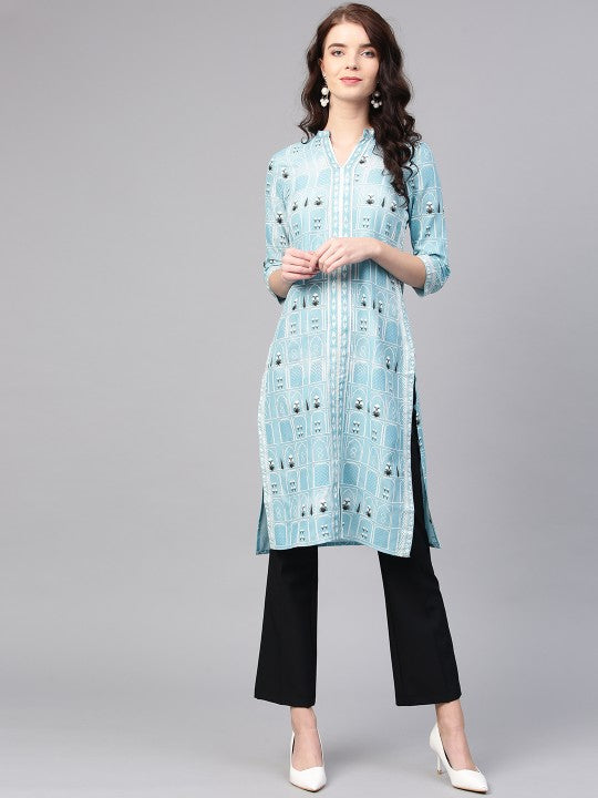 W Women Blue & White Printed Straight Kurta