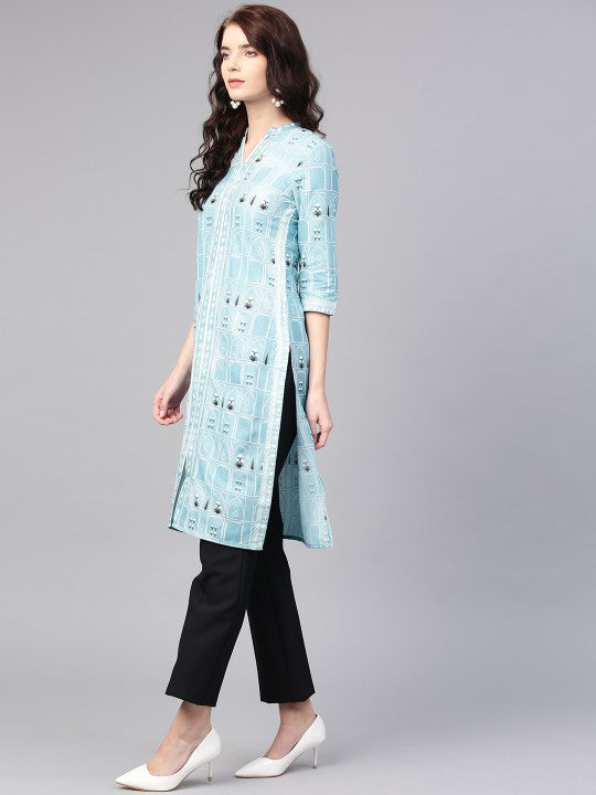 W Women Blue & White Printed Straight Kurta