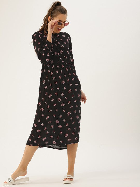 DressBerry Women Black Printed Fit and Flare Dress