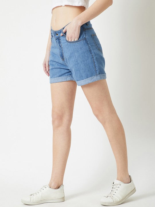 Miss Chase Women Blue Solid Regular Fit Denim Shorts