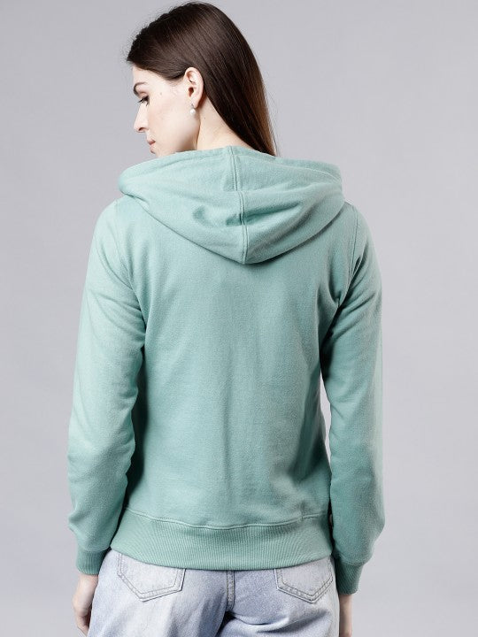 Tokyo Talkies Women Green Solid Hooded Sweatshirt