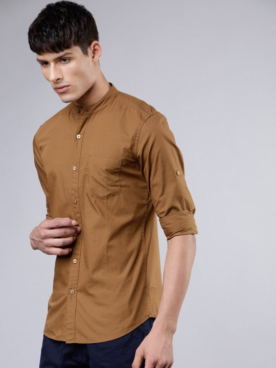 HIGHLANDER Men Khaki Brown Slim Fit Solid Casual Shirt