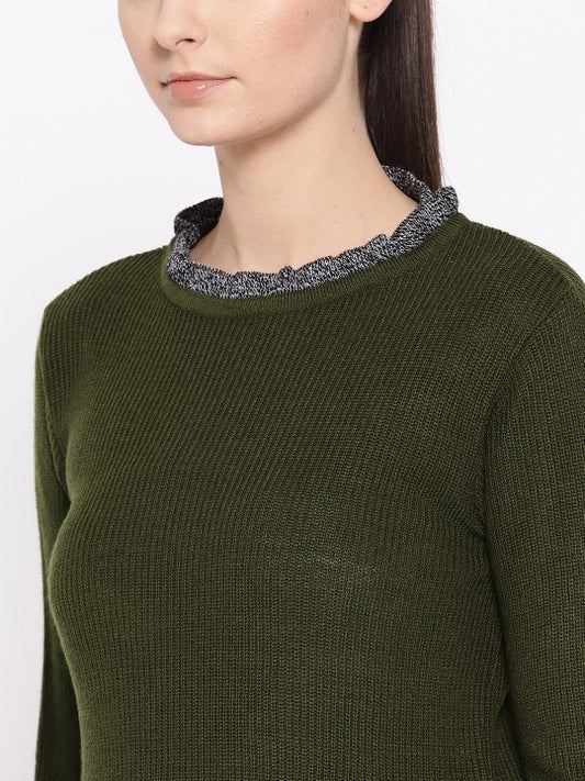 DressBerry Women Olive Green Ribbed Sweater