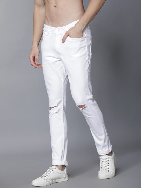 LOCOMOTIVE Men White Slim Fit Mid-Rise Slash Knee Stretchable Jeans