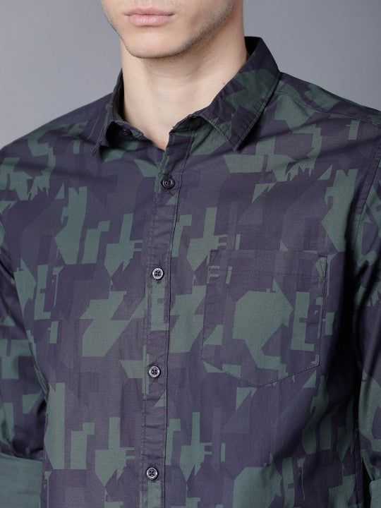 HIGHLANDER Men Navy Blue & Olive Green Slim Fit Printed Casual Shirt