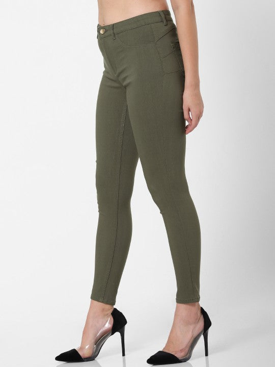 ONLY Women Olive Green Skinny Fit Solid Chinos