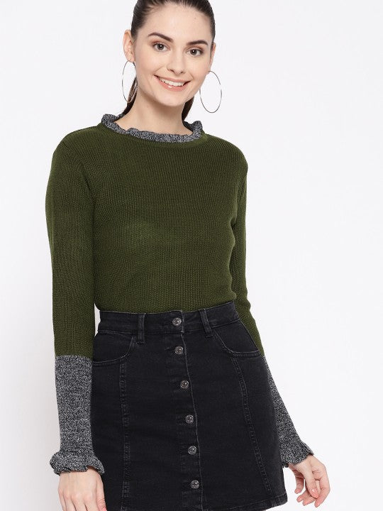 DressBerry Women Olive Green Ribbed Sweater