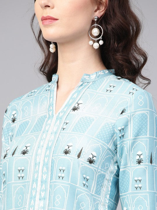 W Women Blue & White Printed Straight Kurta