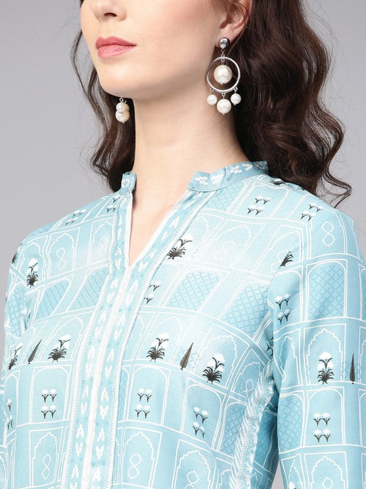 W Women Blue & White Printed Straight Kurta